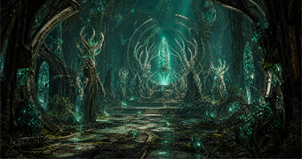 Cinematic Lamorn archive image of a Viewros crystal sanctuary with teal psychic spires, root-like arches, damaged transit paths, and living vines