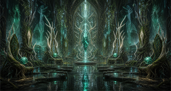 Cinematic Lamorn archive image of an empty authority sanctum with plant-crystal memory seats, teal living-key crystals, and guardian imprints