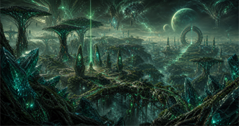 Cinematic Lamorn archive image of Viewros crystal fields, tree-network structures, teleporter pylons, responsive vines, and distant Tanamaar-linked transit geometry