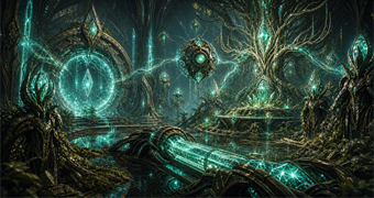 Cinematic Lamorn archive image of teleporter control, psychic crystal routing, ecological regulators, tree-root networks, and hovering psychobit-like cores