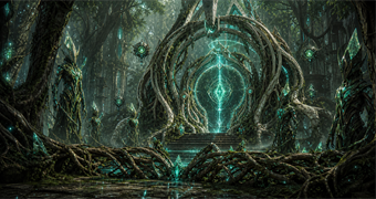 Cinematic Lamorn archive image of a gate-guardian transit node with teal crystal locks, root barriers, psychobit-like cores, and plant-crystal sentinels