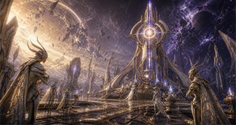 Cinematic Luminoth archive image of Aether's Great Temple, moth-like Luminoth stewards, a planetary energy controller, and a Light-Dark horizon split