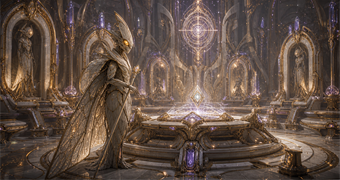 Cinematic Luminoth archive image of a U-Mos-like civic guardian in the Great Temple archive chamber beside a glowing energy dais