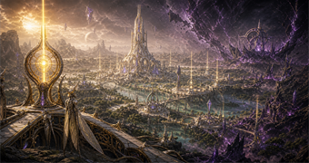 Cinematic Luminoth archive image of Aether temple sectors, Great Temple spires, safe-zone beacons, and violet Dark Aether rifts at the horizon