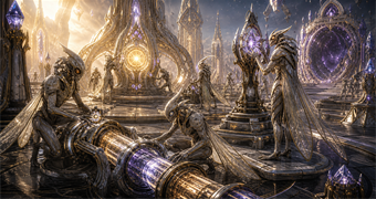 Cinematic Luminoth archive image of moth-like custodians restoring an energy controller, repairing temple relays, and sealing a violet dark portal