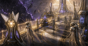 Cinematic Luminoth archive image of moth-like defenders holding a temple energy controller with gold-white ward pylons against Dark Aether pressure