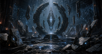Cinematic N'kren archive image of a damaged interstellar records chamber with fractured star-map rings, floating shards, and an unresolved signal pillar
