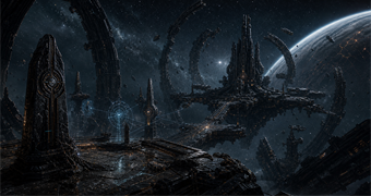 Cinematic N'kren archive image of disputed deep-space ruins with broken orbital arches, dark route markers, a dead station, and a distant planet horizon
