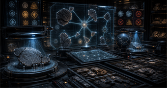 Cinematic N'kren archive image of automated survey review with fragment trays, scanner beams, unresolved star-map overlays, and weak evidence chains