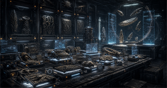 Cinematic N'kren archive image of a provisional evidence vault with sealed artifact racks, broken machine fragments, and reversible organization tags