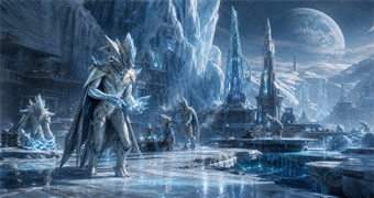 Cinematic Phrygisian archive image of ice stewards and early glacier sanctuaries on Phrygis beneath a cold moonlit sky