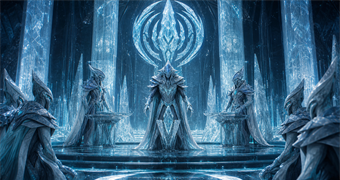Cinematic Phrygisian archive image of an elder stewardship council inside a luminous ice chamber