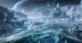 Cinematic Phrygisian archive image of Phrygis glacier shelves, brine-channel lights, and ice-cut sanctuaries beneath polar twilight
