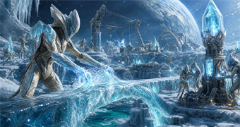 Cinematic Phrygisian archive image of cryokinetic stewards shaping ice bridges and stabilizing brine-channel mining routes