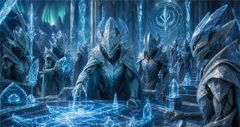 Cinematic Phrygisian archive image of crystalline route guardians and cold engineers gathered around a glowing ice map