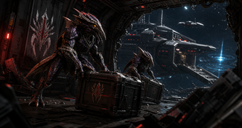 Cinematic Space Pirate archive image of insectoid raiders seizing cargo during an early deep-space raid