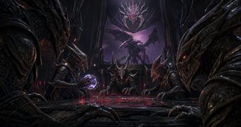 Cinematic Space Pirate archive image of spiked commanders gathered beneath a looming winged command silhouette