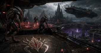 Cinematic Space Pirate archive image of guards overlooking a fortress world, warship, and stolen operational sites
