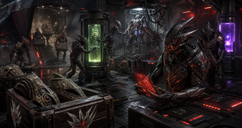 Cinematic Space Pirate archive image of raiding, specimen capture, relic theft, weapons research, cybernetic modification, and resource extraction in one staging bay