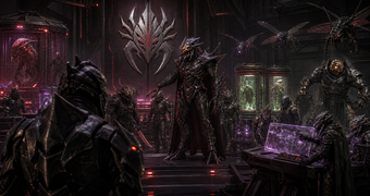 Cinematic Space Pirate archive image of commanders, troopers, scientists, and specimen-control personnel inside a command laboratory