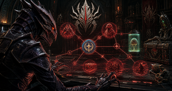 Cinematic Space Pirate archive image of a commander studying a hostile relation network of Federation enemies, stolen relics, and captive lifeforms