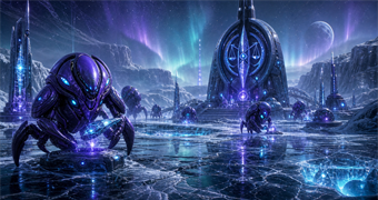 Cinematic Vhozon archive image of purple cold-adapted figures near heat sanctuaries and auroral law markers on an ice world