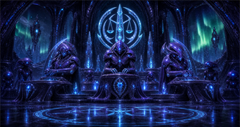 Cinematic Vhozon archive image of an honor court with purple adjudicators beneath a luminous balance seal
