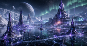 Cinematic Vhozon archive image of frozen citadels, auroral infrastructure, reflective icefields, and phase pylons on Vho