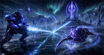 Cinematic Vhozon archive image of a formal challenge with Judicator-like plasma, Vhoscythe motion, phase rings, and auroral witnesses