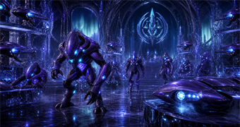 Cinematic Vhozon archive image of purple specialist cadres, phase-field gates, and Judicator-like supercooled plasma weapons
