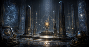 Cinematic Ylla archive image of a Luminoth-adjacent memory chamber with slate-blue pillars, a gold diamond signal core, and uncertain contact-route geometry