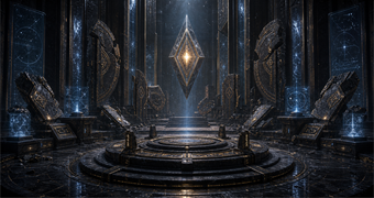 Cinematic Ylla archive image of an empty diplomatic alcove with a vacant envoy dais, broken slate-gold seals, and a suspended diamond memory marker