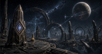 Cinematic Ylla archive image of disputed contact-horizon ruins with slate-gold route monoliths, broken archive rings, a diamond wayfinder pylon, and a distant planet