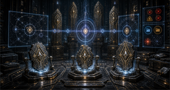 Cinematic Ylla archive image of alias-control analysis with three similar slate-gold identity shards, diamond cores, scanner beams, and a consolidated evidence chain