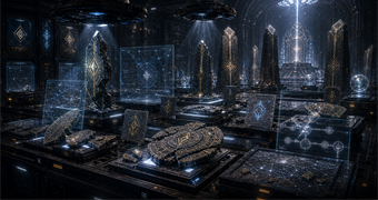 Cinematic Ylla archive image of provisional organization evidence with slate-gold seal fragments, contact lattice shards, envoy markers, and scanner rings