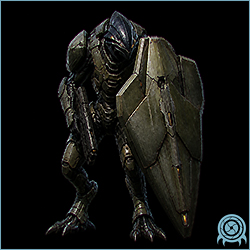 Advanced Shield Trooper in dark and green armor holding a large gray powered shield in a black telemetry scan.