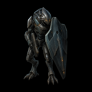 Department of Scientific Intelligence archive scan of Advanced Shield Trooper showing shielded Space Pirate heavy infantry with frontal barrier posture, reinforced armor, and command-line role.
