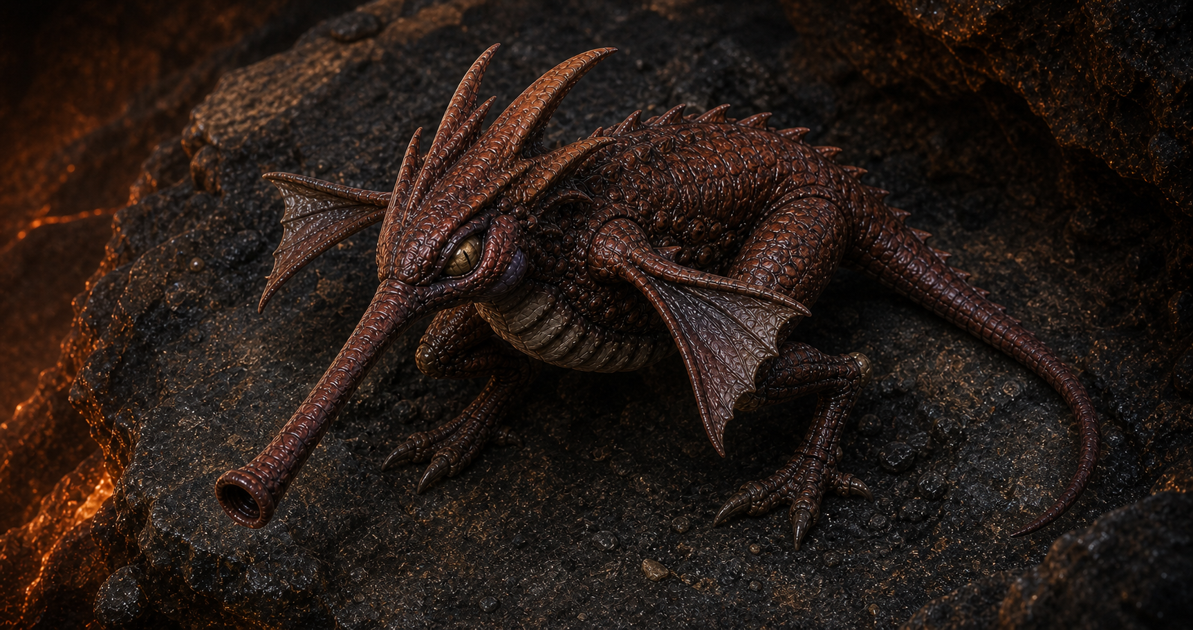High oblique field view of Alcoon anatomy showing silica-coated eye, cheek pouches, flexible snout, warty hide, weak fins, and powerful legs.