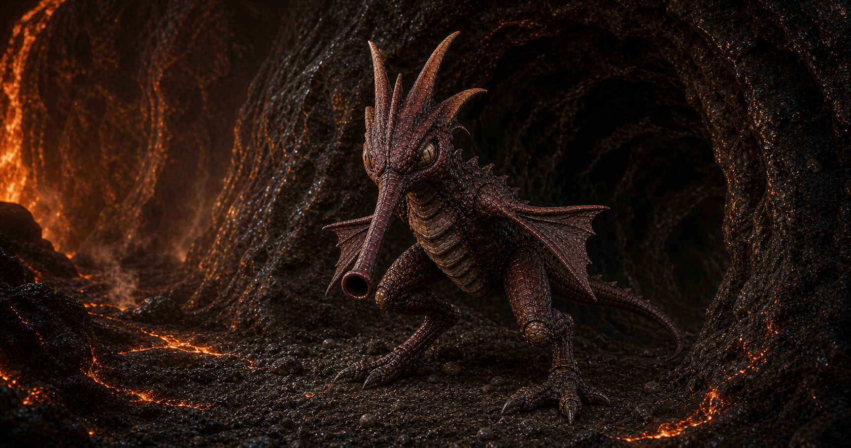Alcoon bracing at a Norfair burrow mouth with heat-shielded hide, crested head, long snout, weak fins, and powerful launch legs visible.