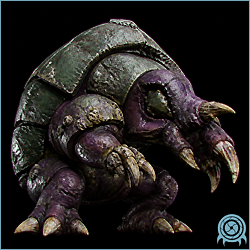 Arachnus, a heavy-shelled SR388 predator, shown partly curled in its armored rolling posture.