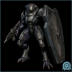 Armored Shield Trooper in blue beam-resistant armor carrying a portable battle shield and assault rifle.