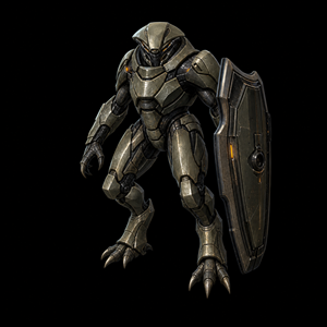 Department of Scientific Intelligence archive scan of Armored Shield Trooper showing Space Pirate armor, weapon loadout, and field posture.