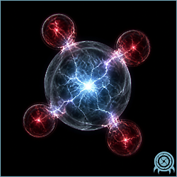 Atomic floating in a shipboard chamber, showing a translucent central energy sphere surrounded by four charged red segments.
