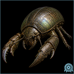 Beetle emerging from Tallon IV soil, with dark blue and orange carapace, forward dorsal spike, and broad digging mandibles visible.
