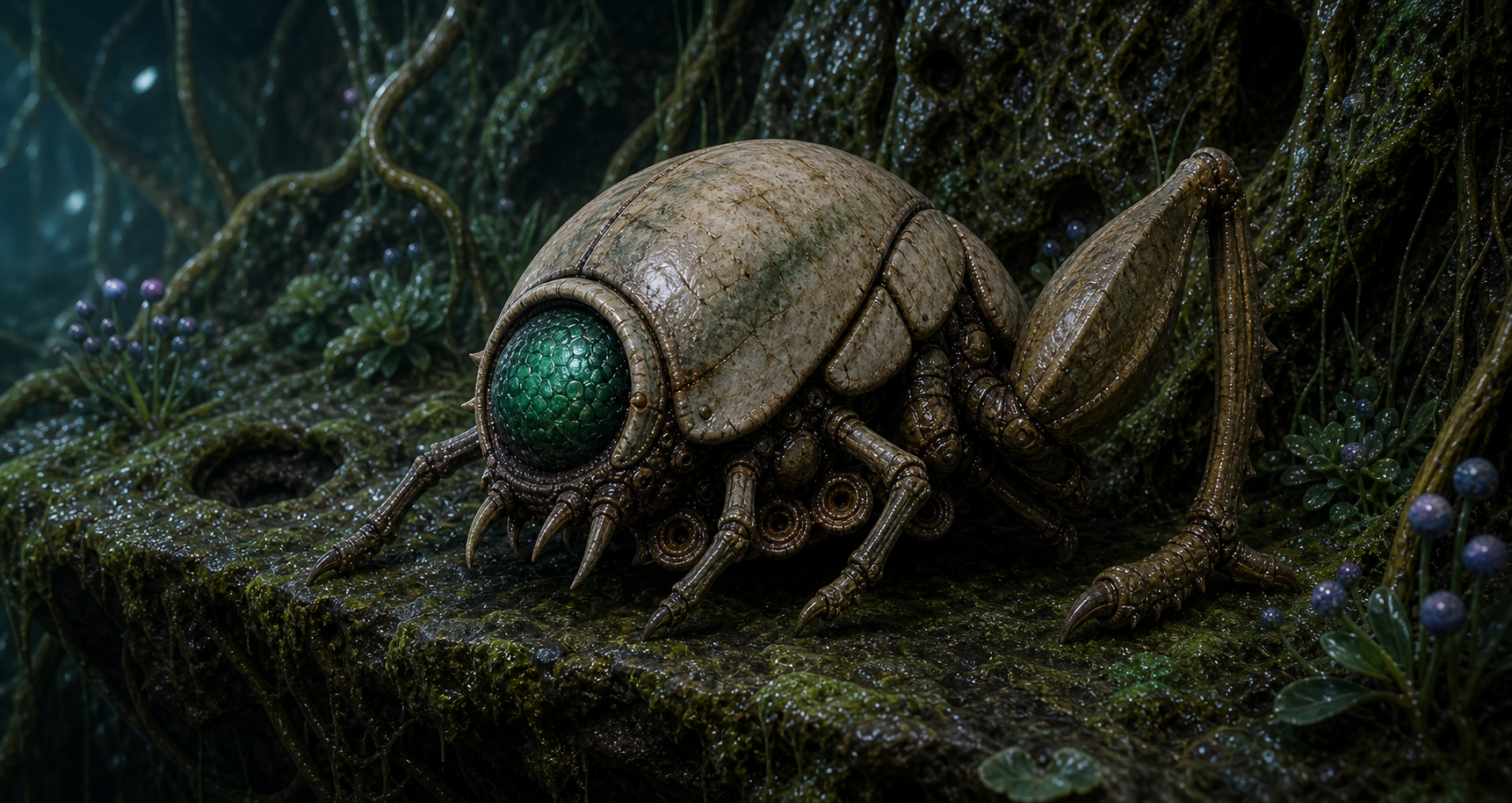 Low field view of Beetom anatomy on a moss-covered Brinstar ledge, showing hard shell, single compound eye, underside gripping organs, and a folded pair of long rear launch legs.