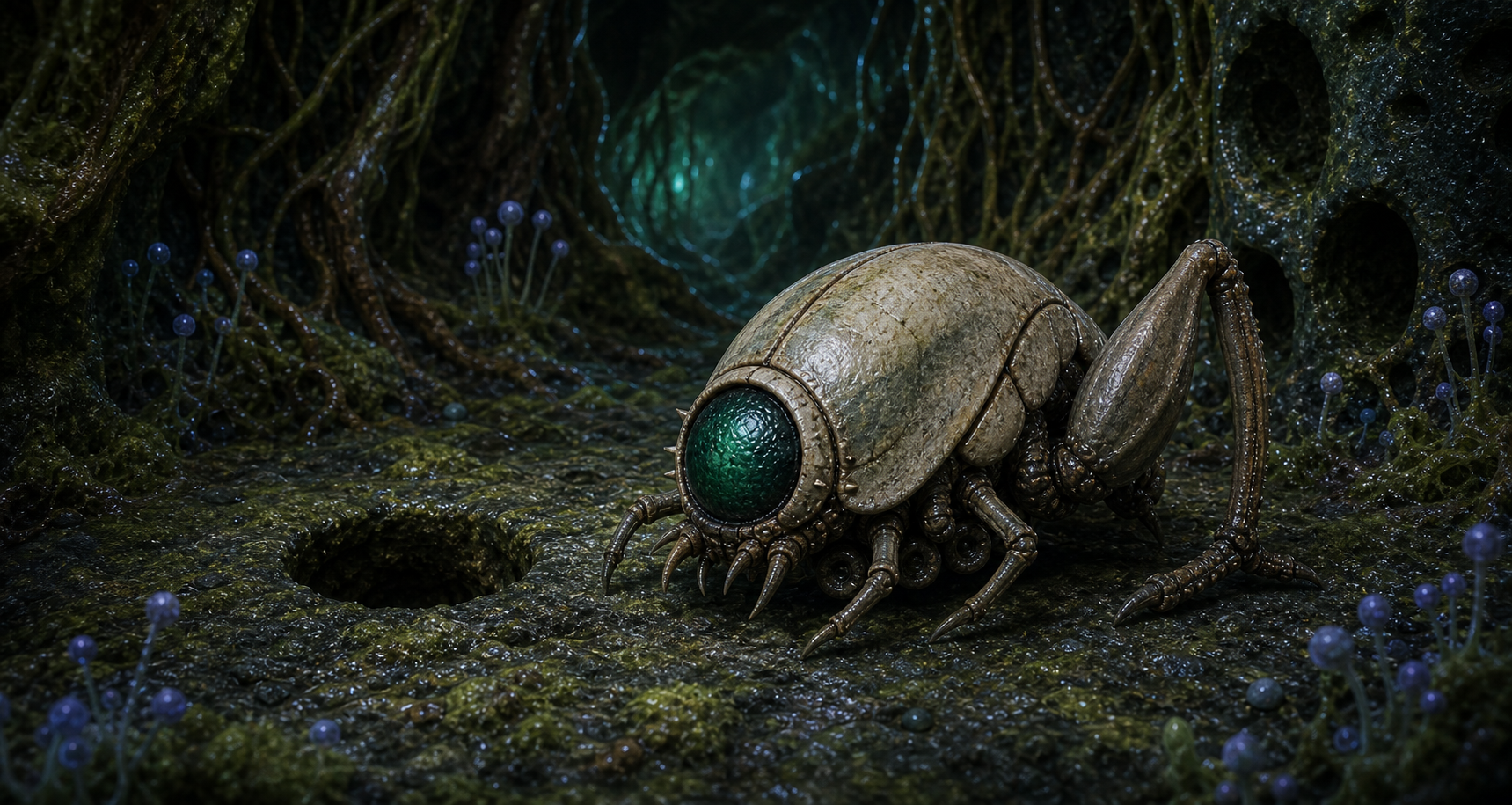 Beetom crouched on a mossy Brinstar floor near a shallow burrow, with vines, root mats, and small spore plants behind its single green eye and folded launch legs.