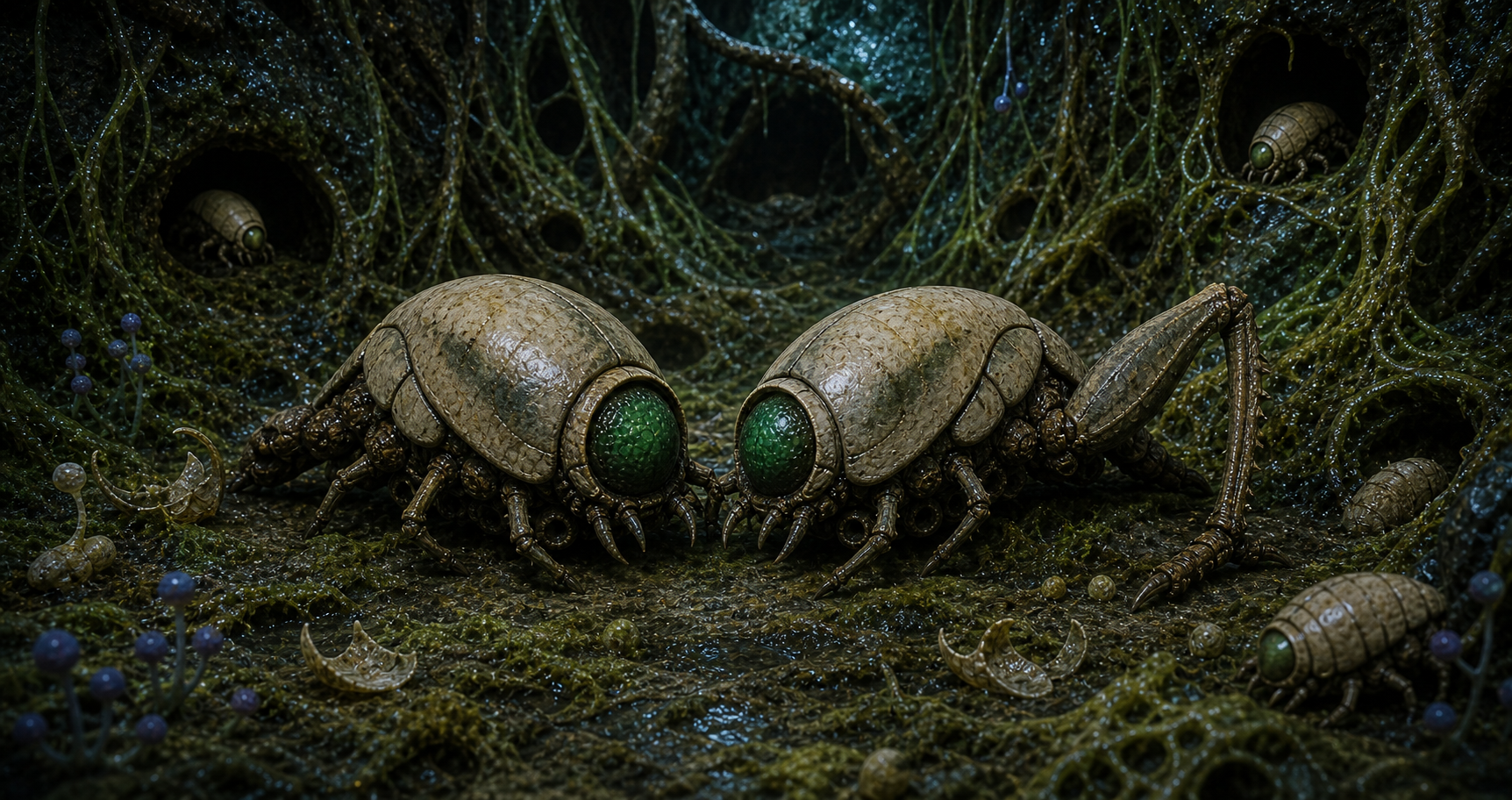 Paired Beetoms meeting in an isolated mossy Brinstar breeding room with juveniles, shell fragments, vine roots, and damp chamber walls around them.