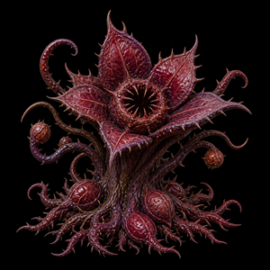 Department of Scientific Intelligence placeholder scan of Bloodflower showing toxic flower head, mouth nodules, gas capsules, and spore telemetry.