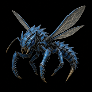 Department of Scientific Intelligence placeholder scan of Blue Barbed War Wasp showing cold-hardened body, venom stinger, ice shrapnel discharge, and hive markers.