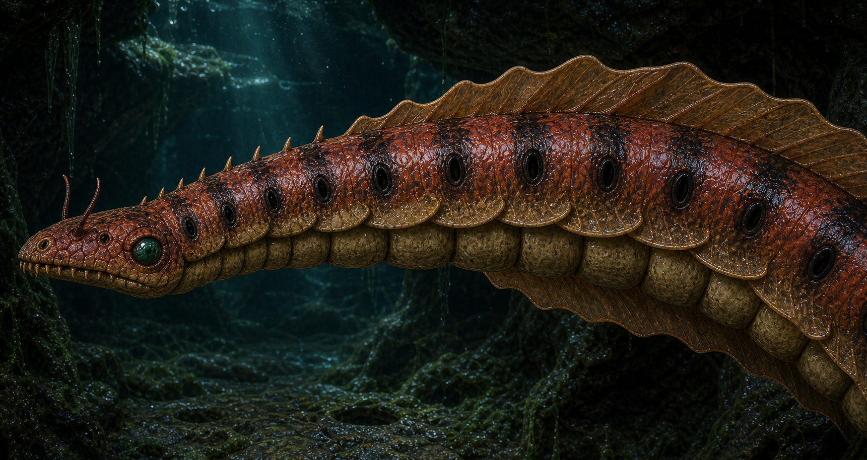 Broadside underwater inspection of Botwoon showing red armored segments, tan belly plates, translucent fins, black capsule ports, green eye, tendrils, and teeth.